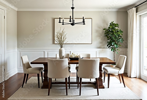 Modern dining room interior design with wooden table and beige chairs white wainscoting and large window