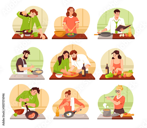 People Character Cooking and Meal Preparing at Kitchen Vector Set