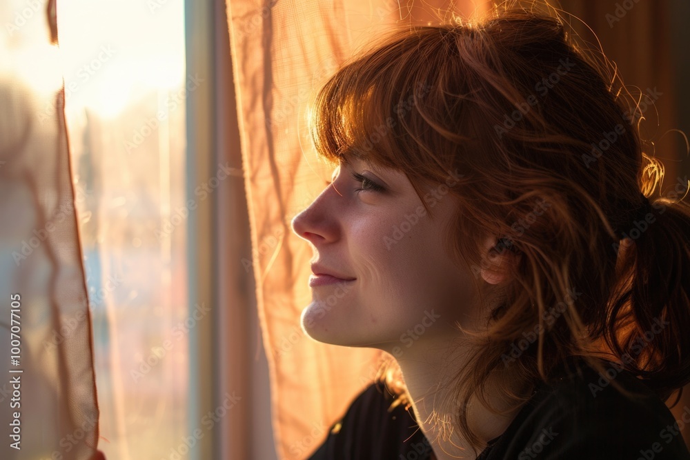 Fototapeta premium A person gazing out a window at the morning sunlight
