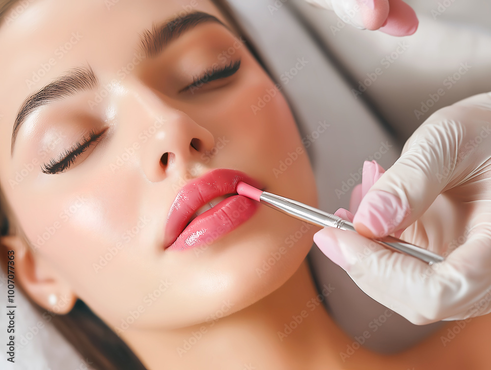 Close-up of a woman receiving lip makeup application by a professional in beauty salon. Lady with her eyes closed has pink lipstick applied on lips, Horizontal portrait, Top view Close-up of a woman receiving lip makeup application by a professional in beauty salon. Lady with her eyes closed has pink lipstick applied on lips, Horizontal portrait, Top view