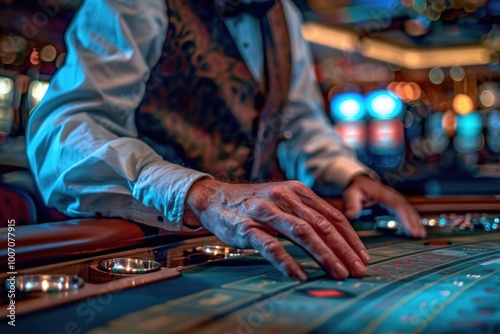 A man dressed in formal attire plays a game of roulette, focusing on the spinning wheel