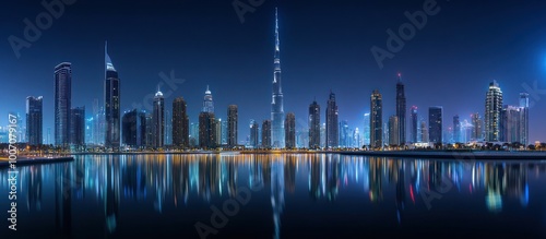 skyscrapers Dubai skyline at night.