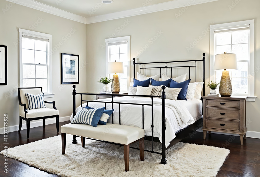 Luxury bedroom interior design with dark wood floors white walls and modern furniture including upholstered bench lamps and side tables showcasing interior design trends Luxury bedroom interior design with dark wood floors white walls and modern furniture including upholstered bench lamps and side tables showcasing interior design trends