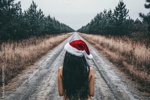 Woman in santa hat walking down forest road in winter scene photo