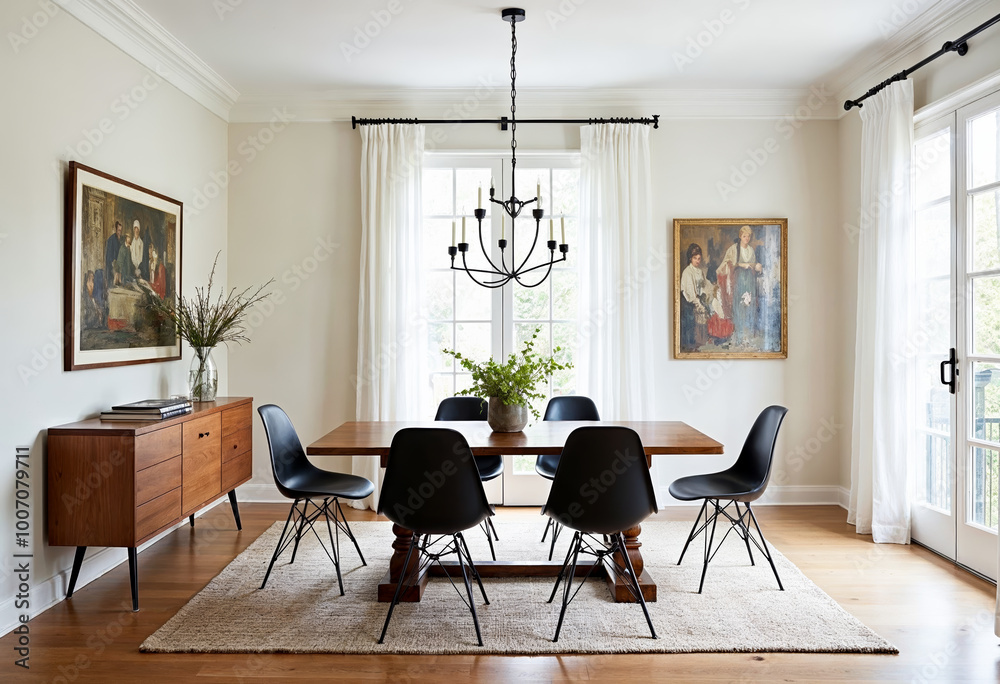 Fototapeta premium Bright dining room interior design with modern mid century furniture wood floors chandelier rug and art