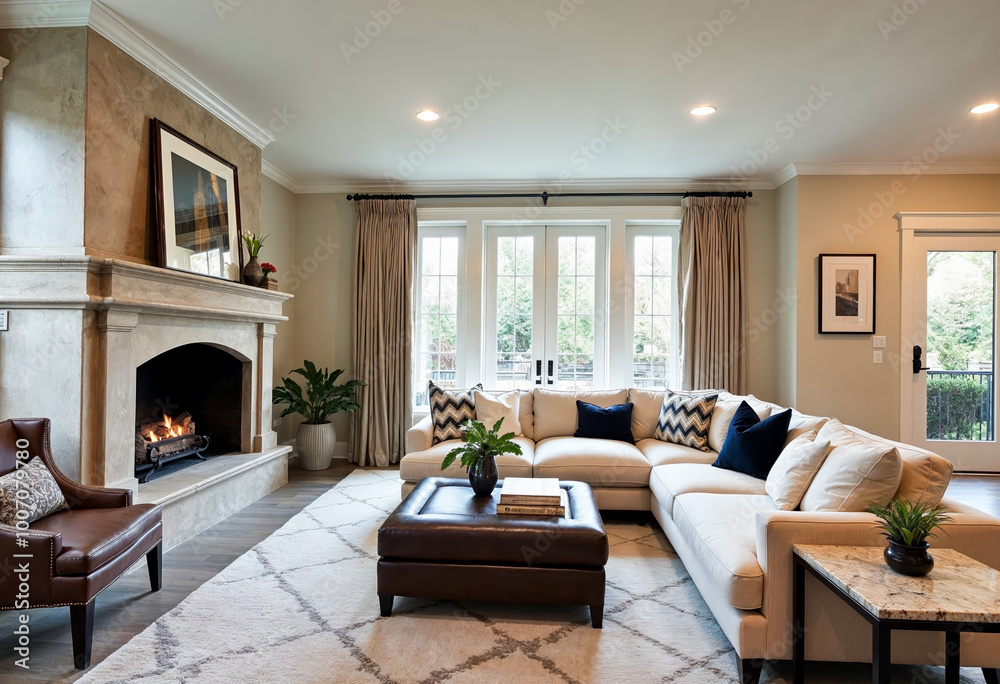 Spacious living room interior with fireplace cozy furniture and large windows natural light home decor elegant design neutral colors hardwood floors area rug comfort relaxation homeliness warmth Spacious living room interior with fireplace cozy furniture and large windows natural light home decor elegant design neutral colors hardwood floors area rug comfort relaxation homeliness warmth