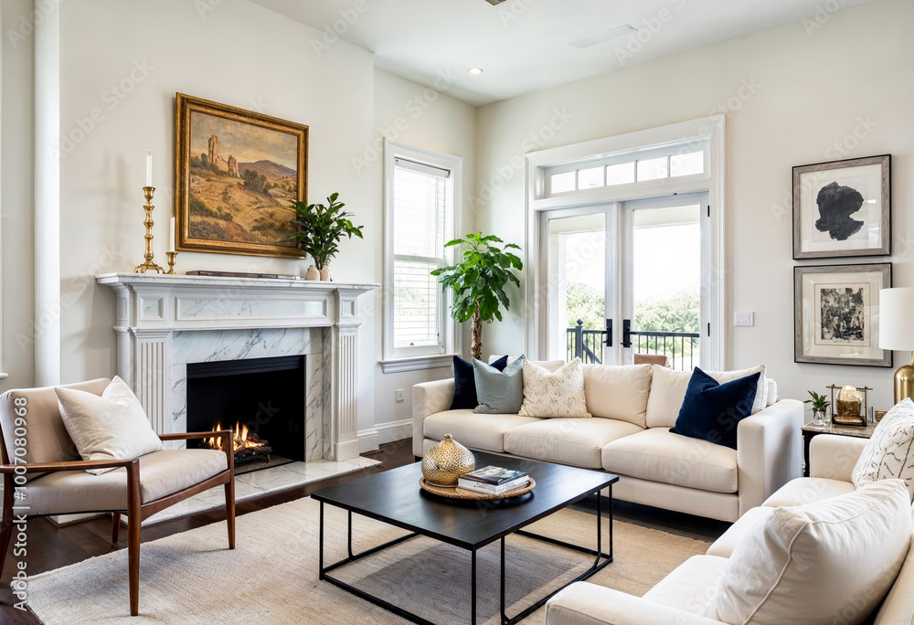 Fototapeta premium Bright and airy living room interior with fireplace white sofa and large windows overlooking nature views