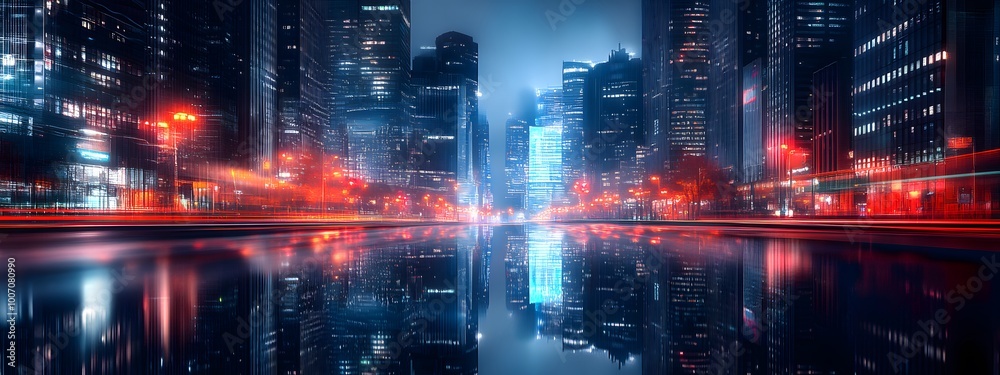 Photograph of an urban cityscape at night, with reflections on the glass surfaces of skyscrapers and long exposure lights creating streaks of motion Photograph of an urban cityscape at night, with reflections on the glass surfaces of skyscrapers and long exposure lights creating streaks of motion