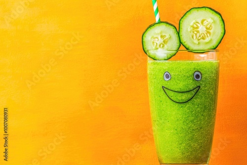 Refreshing green smoothie with cucumber slices on vibrant orange background photo