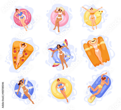 Woman Character on Air Mattresses Floating in Swimming Pool Vector Set