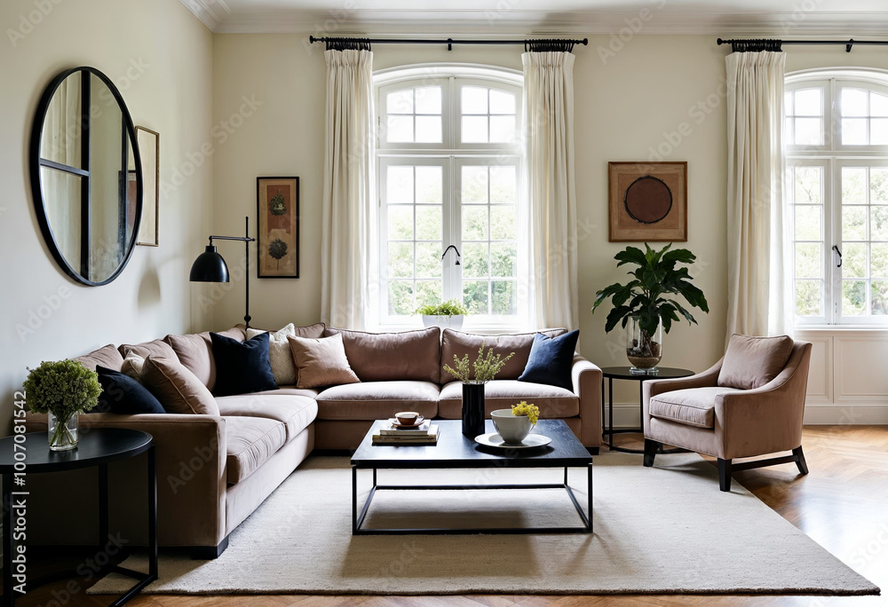 custom made wallpaper toronto digitalChic contemporary living room interior with beige sofa houseplants and large windows