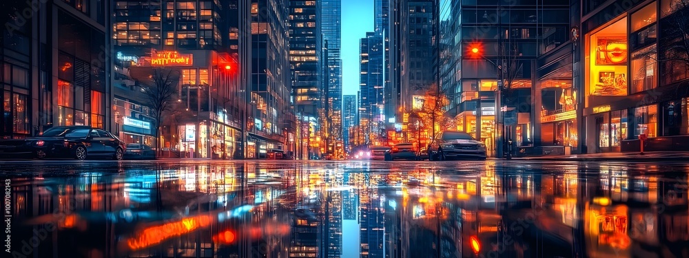 Photograph of an urban cityscape at night, with reflections on the glass surfaces of skyscrapers and long exposure lights creating streaks of motion Photograph of an urban cityscape at night, with reflections on the glass surfaces of skyscrapers and long exposure lights creating streaks of motion