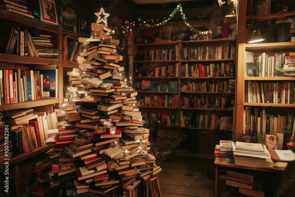 Christmas tree made from books in cozy bookstore Christmas tree made from books in cozy bookstore