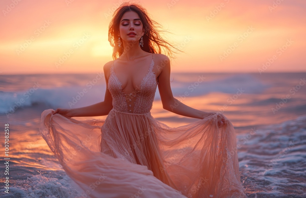 A stunning woman in an evening gown stands by the sea at sunset, dress flowing A stunning woman in an evening gown stands by the sea at sunset, dress flowing