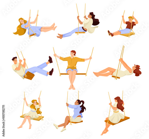 Happy People on Swing of Wooden Plank and Rope Vector Set