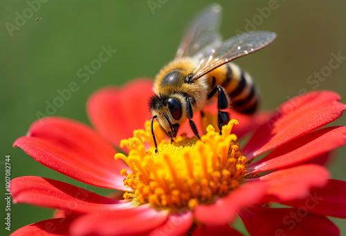 Honeybee pollinating red zinnia flower macro photography nature insect wildlife summer bloom blossom gardening pollination nectar pollen honey agriculture ecosystem environment conservation close up