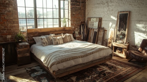 Rustic loft bedroom with reclaimed wood, cozy textiles, and an inviting bed