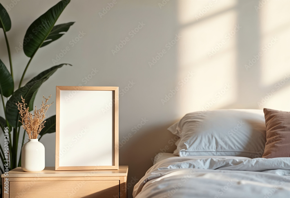 Fototapeta premium Minimalist bedroom interior with blank wooden picture frame mockup on bedside table with sunbeams and shadows on empty wall background plant in vase and comfortable bed with linen bedding home decor