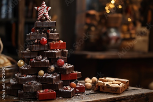 Christmas tree made from chocolate bars in shop