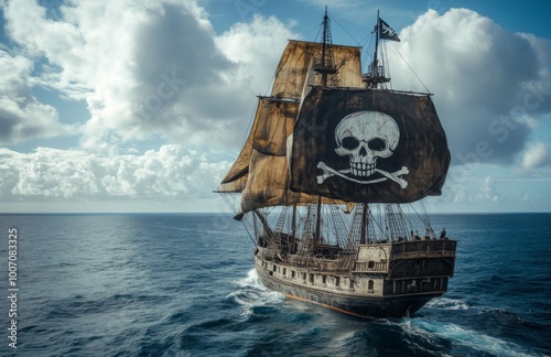 A pirate ship sails across the blue sea, proudly displaying its black and white skull flag photo