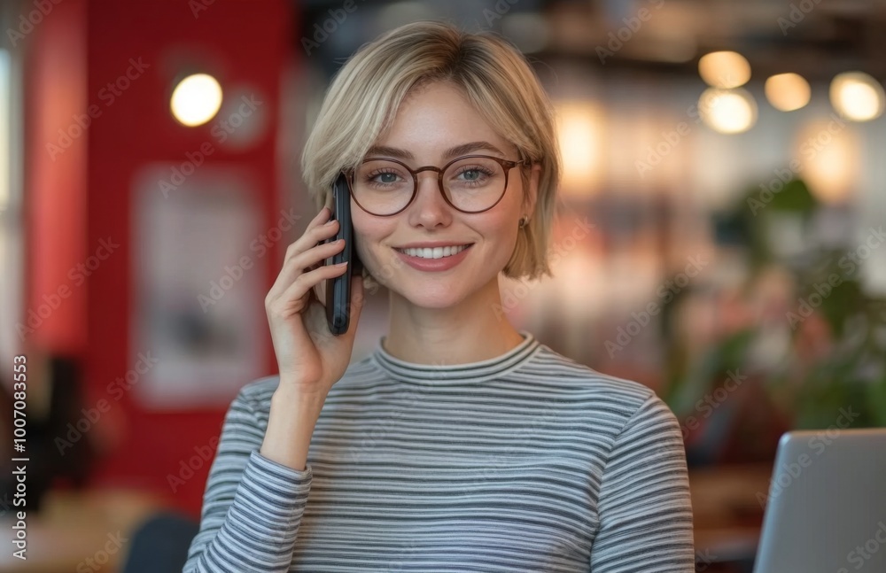Smiling blonde woman with short hair in striped shirt, glasses, talking on phone in office Smiling blonde woman with short hair in striped shirt, glasses, talking on phone in office