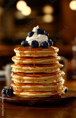 Fluffy pancakes with maple syrup, blueberries, and whipped cream on a table, ready to enjoy