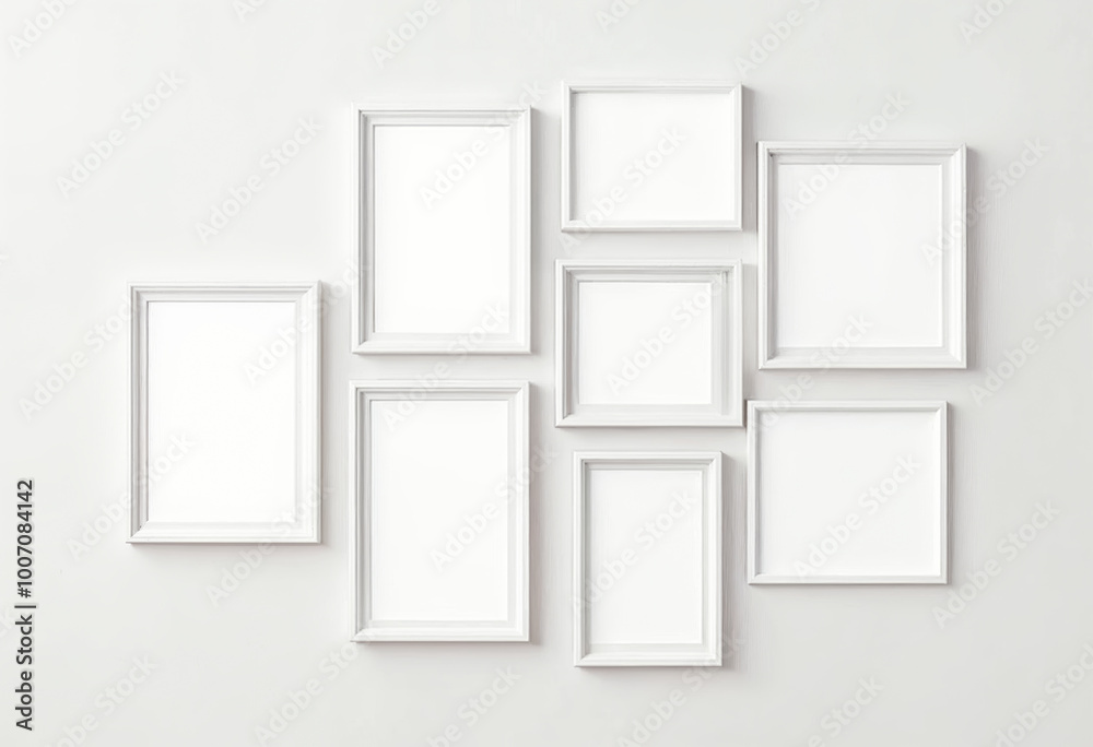 Seven white blank picture frames mockup on white wall art gallery poster presentation interior design minimalism style home decor template Seven white blank picture frames mockup on white wall art gallery poster presentation interior design minimalism style home decor template