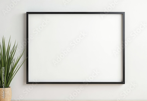 Horizontal Black Frame Mockup On White Wall With Plant In Basket On Table Home Decor Mockup
