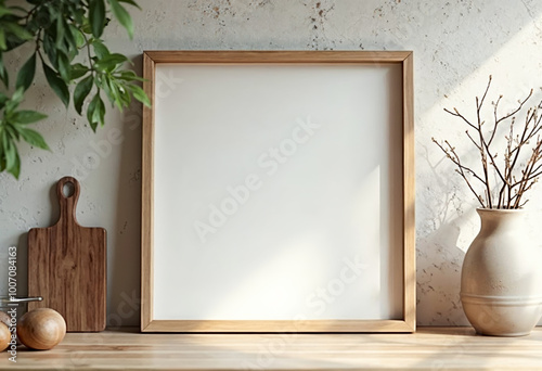 Blank Square Wooden Frame Mockup on Wooden Table with Plants Kitchen Utensils and Vase Home Decor Elements Minimalist Interior Design Background with Sunlight Shadows