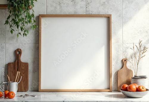 Blank frame mockup on marble countertop in minimalist kitchen interior with cutting boards tangerines and sunlight shadows home decor background with empty space for artwork poster or design