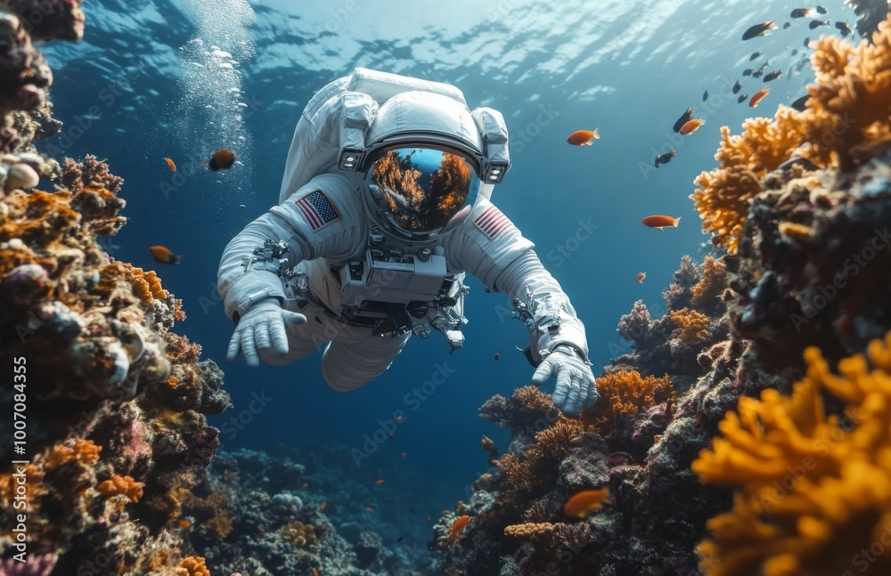 Astronaut swims through vibrant coral reefs, interacting with colorful tropical fish in space suit Astronaut swims through vibrant coral reefs, interacting with colorful tropical fish in space suit