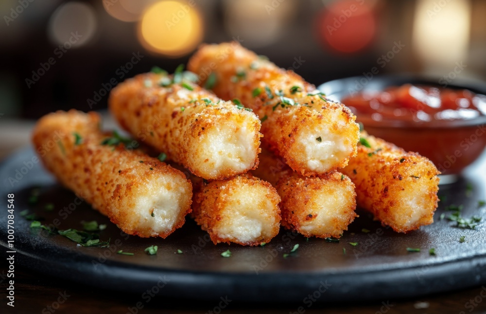 Fried mozzarella sticks with melted cheese, served on dark slate with ketchup dipping sauce Fried mozzarella sticks with melted cheese, served on dark slate with ketchup dipping sauce