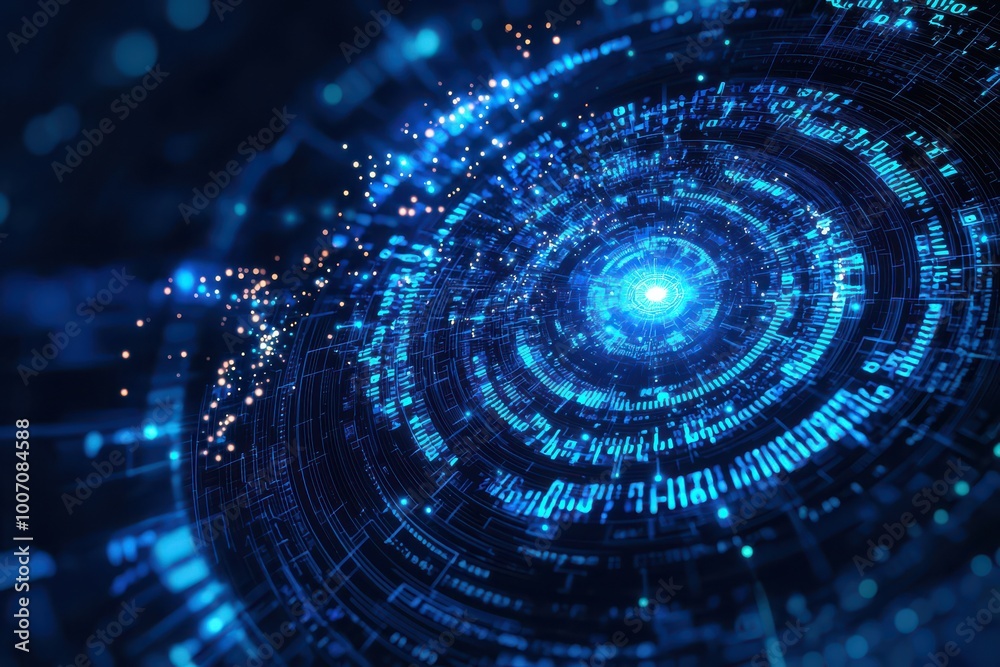 Obraz premium Futuristic digital eye with intricate binary code and glowing blue light, representing advanced technology and data analysis