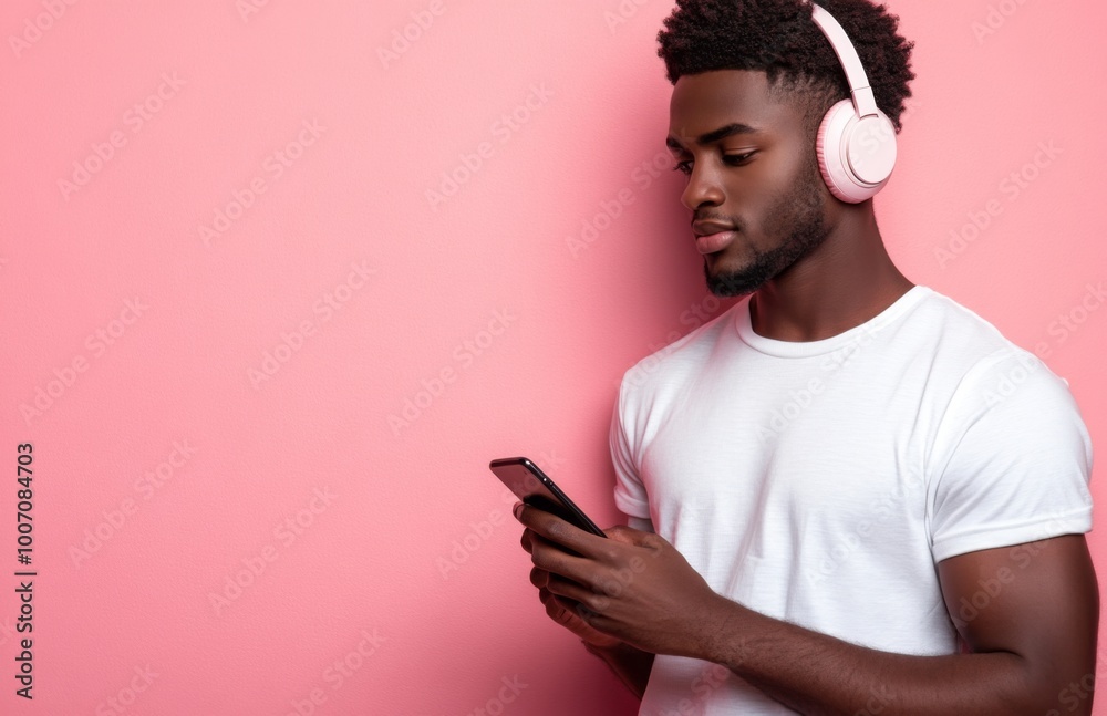 Handsome young Black man in white T-shirt with headphones using smartphone, pink background Handsome young Black man in white T-shirt with headphones using smartphone, pink background
