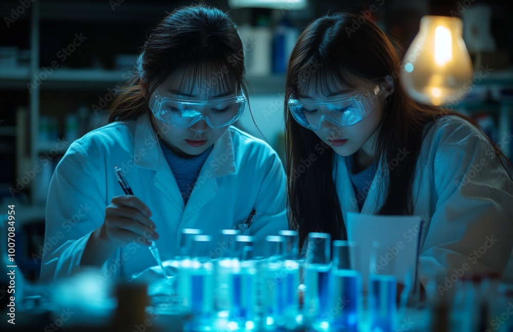 Two Asian female scientists working at night, conducting experiments with beakers and test tubes Two Asian female scientists working at night, conducting experiments with beakers and test tubes