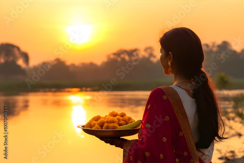 Chhath Puja background. Ancient Sandhya arghya day. Lady near the river to worship Surya, the sun god and his sister Chhathi Maiya. Banner with copy space. photo