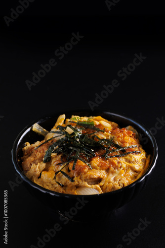 Katsudon with rice japanese food isolate in black background
