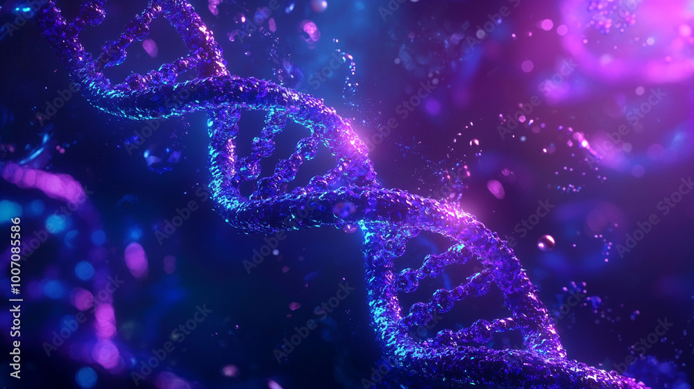 stunning molecular image of DNA double helix, showcasing its twisting structure in vibrant purple and blue hues. intricate details and glowing elements evoke sense of wonder and discovery stunning molecular image of DNA double helix, showcasing its twisting structure in vibrant purple and blue hues. intricate details and glowing elements evoke sense of wonder and discovery