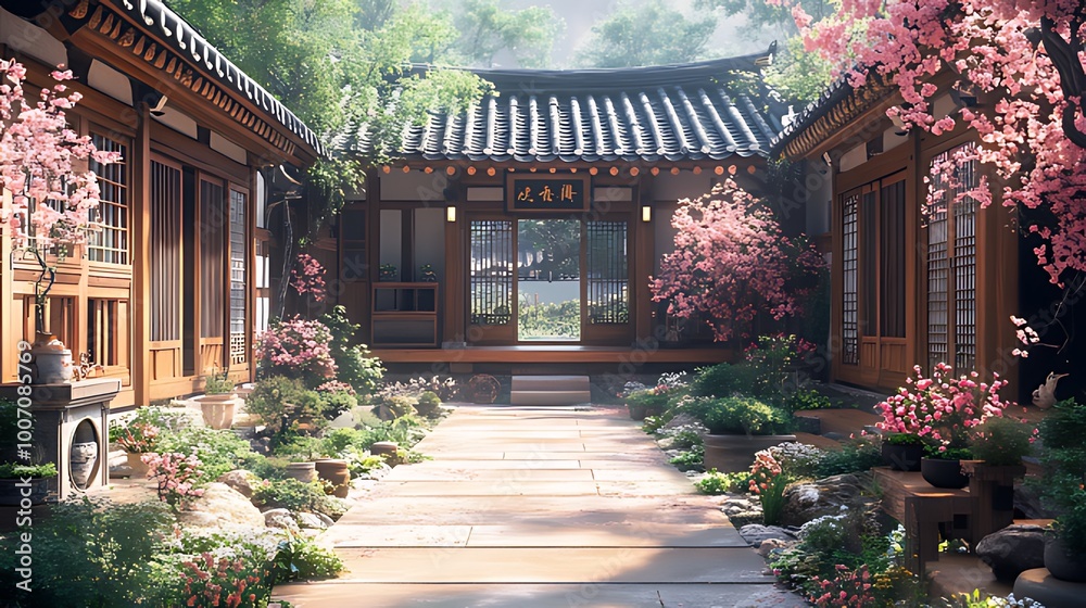 Fototapeta premium A serene courtyard with traditional Japanese architecture and blooming cherry blossoms.
