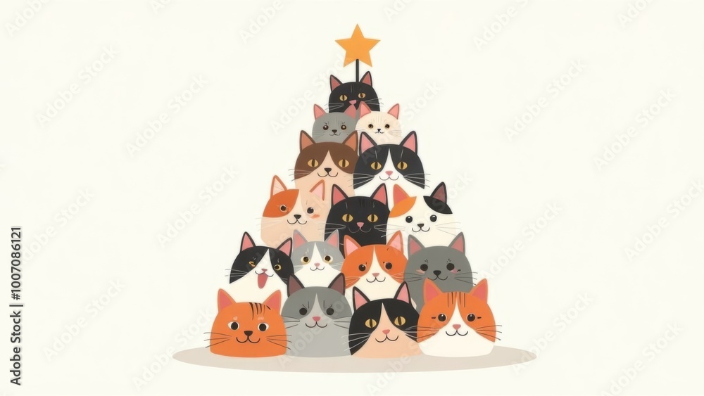 Fototapeta premium Cute cat faces arranged as a Christmas tree, copy space Illustration of multiple cat faces stacked in a Christmas tree shape with a star on top, featuring various cat breeds and colors. Light 