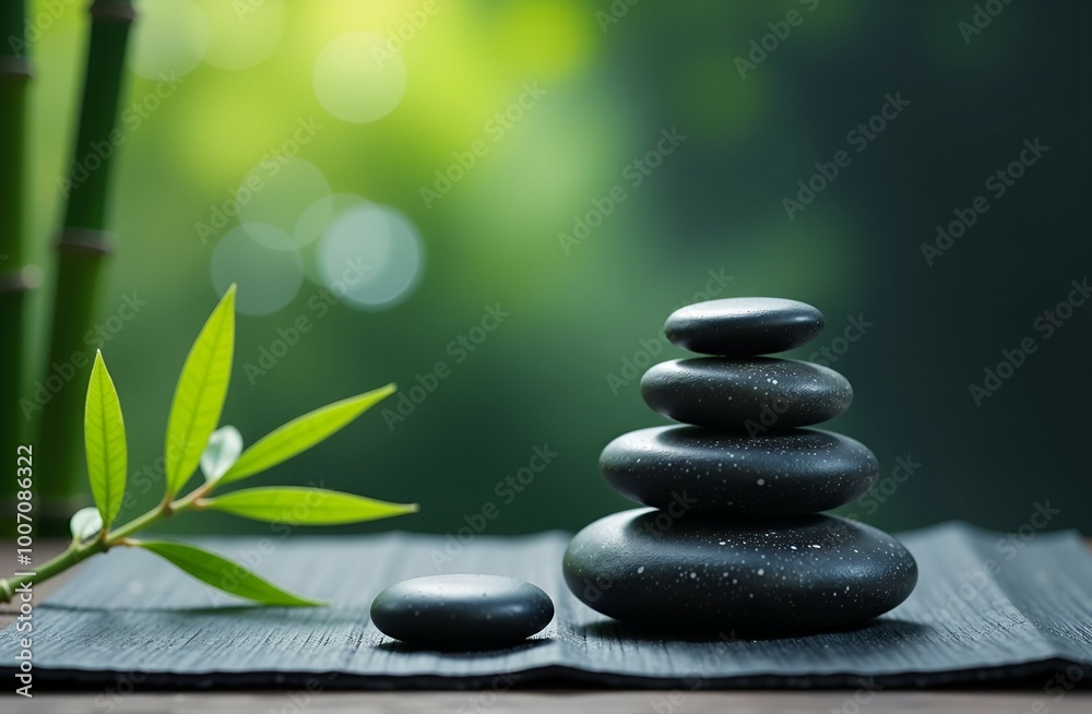 A stack of smooth black rocks with a bamboo branch on a table A stack of smooth black rocks with a bamboo branch on a table