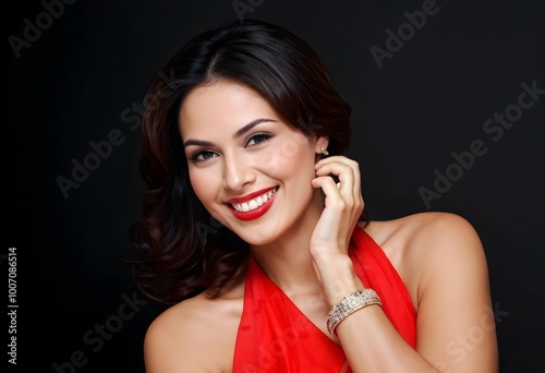 smiling brunette in red dress with bracelet and earrings on black background