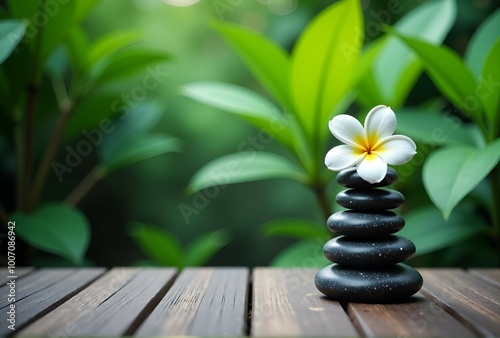 A flower is atop a stack of rocks on a wooden table