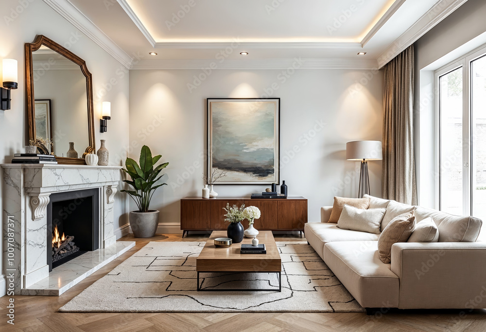 Fototapeta premium Modern living room interior with fireplace, neutral-toned furniture, and cozy home decor accents