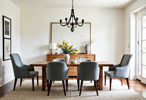 Modern Dining Room Interior Design with Wooden Table Gray Chairs and Large Artwork