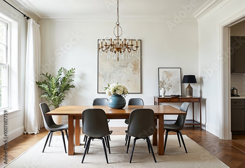 Bright airy dining room interior design neutral color palette wooden dining table gray chairs chandelier houseplant hardwood floor white walls real estate listing home decor staging interior design
