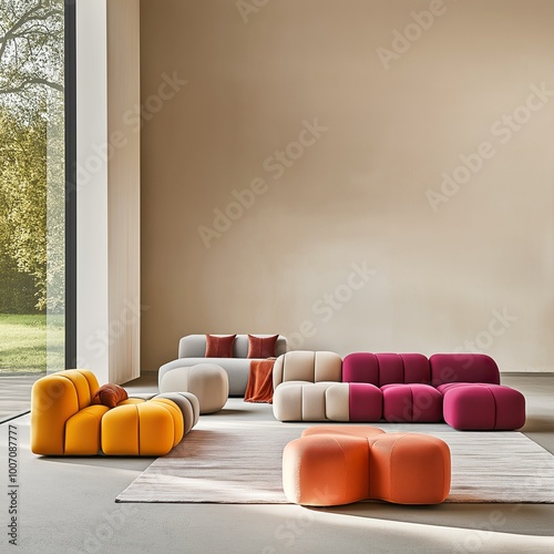 Modern living room with colorful modular sofas and large window. Interior mockup with clean walls for pictures, posters, paintings, sculptures, and other wall art.