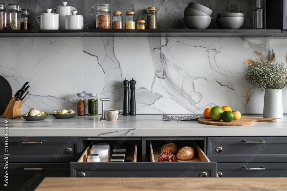 A modern kitchen with a marble countertop and black cabinets, perfect for any home A modern kitchen with a marble countertop and black cabinets, perfect for any home
