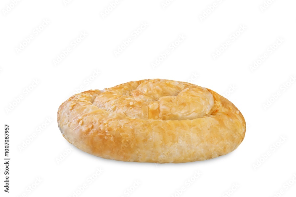 Spiral filo dough Greek pie with filling on a white isolated background Spiral filo dough Greek pie with filling on a white isolated background
