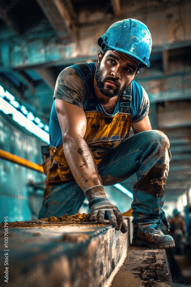 A person in a hard hat and safety gear is building or repairing something made of wood